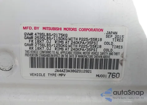 2016 Mitsubishi Outlander Se из США, поврежденный, VIN JA4AZ3A38GZ012921